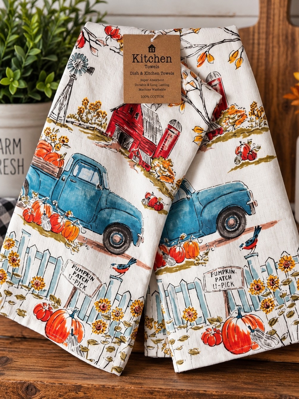 Farmhouse Pumpkin Dish Towels - Blue Truck Design